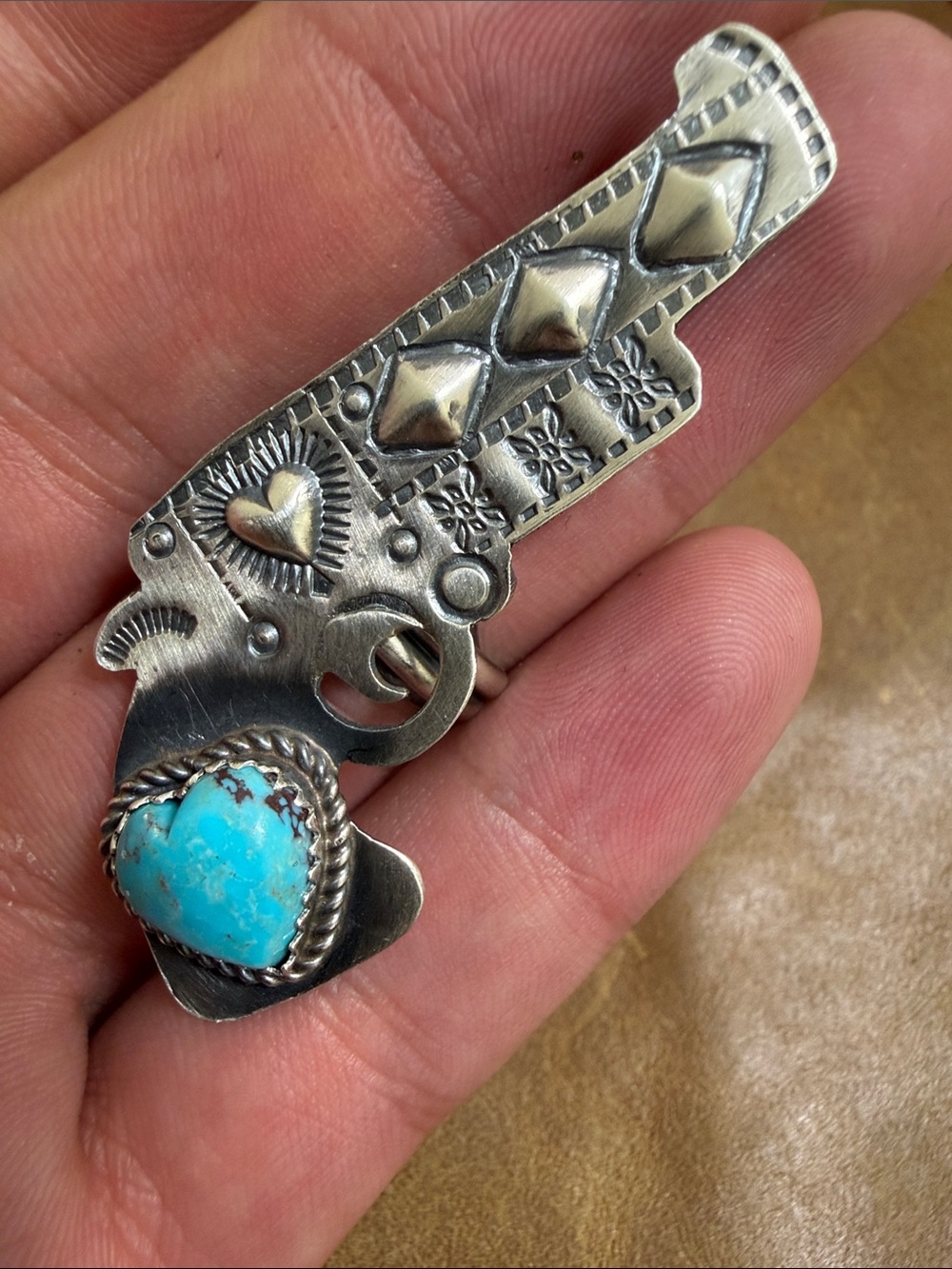 Native American Handgun Ring With Turquoise Size Adjustable by Tim Yazzie